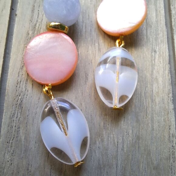 Mother of Pearl Aquamarine 18k Gold Dangle Earrings Boho Coquette Artsy Jewelry - Picture 9 of 9